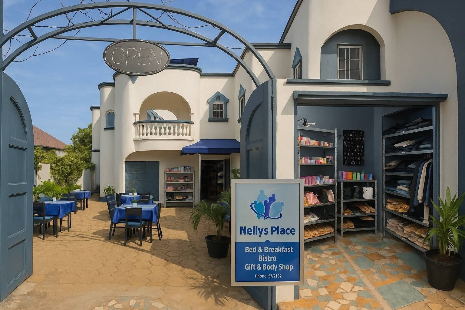 Wit huis met blauwe accenten en een tuin met planten en bomen.